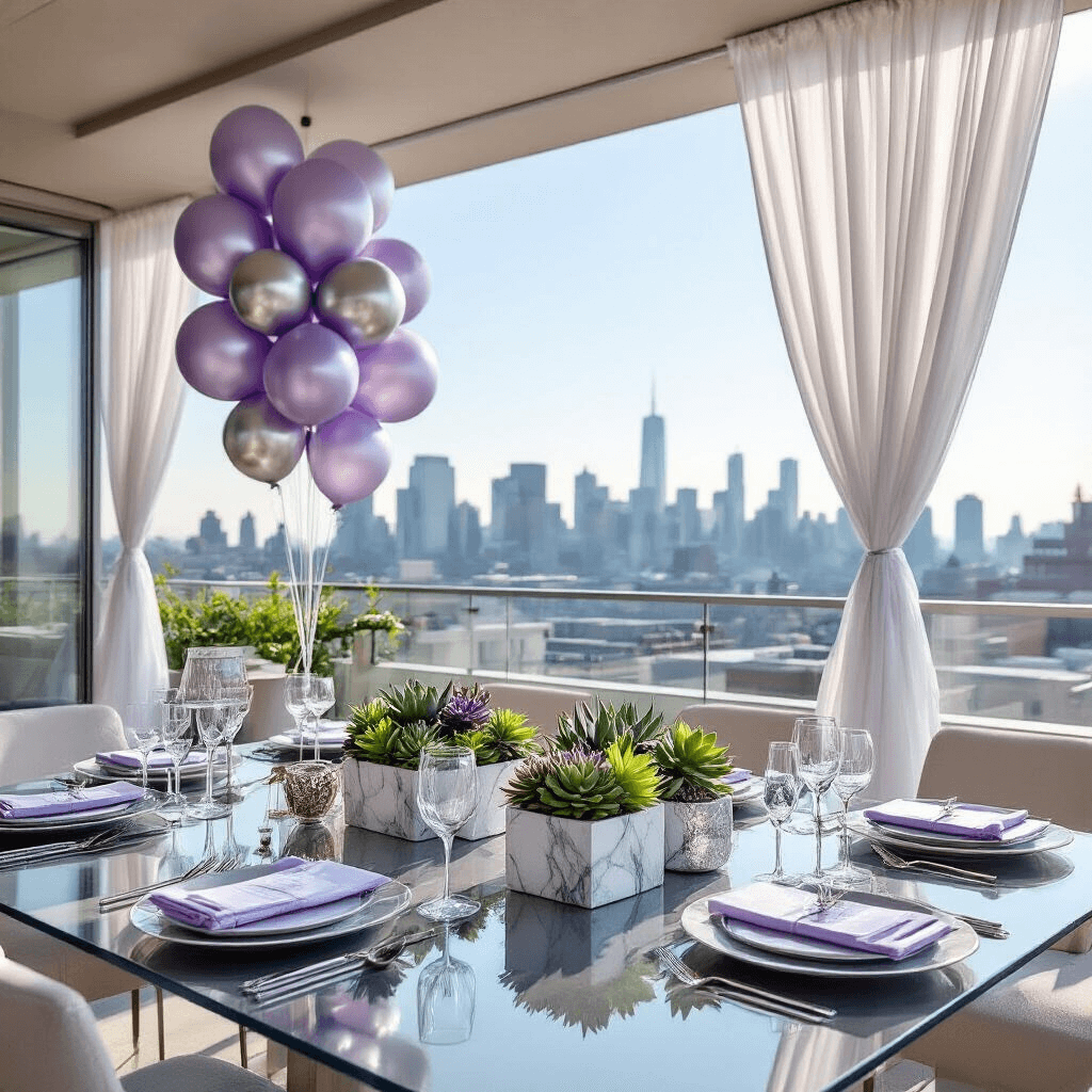 Unforgettable Baby Shower Gift Ideas: The Ultimate Guide to Delighting New Parents Wide-angle view of a modern rooftop terrace baby shower, featuring sleek glass tables set with contemporary place settings and geometric succulent centerpieces. Lavender and silver palette complemented by an urban skyline backdrop, natural sunlight illuminating sheer white drapery, metallic balloon arrangements, custom signage, and minimalist gift displays for a luxe celebration.