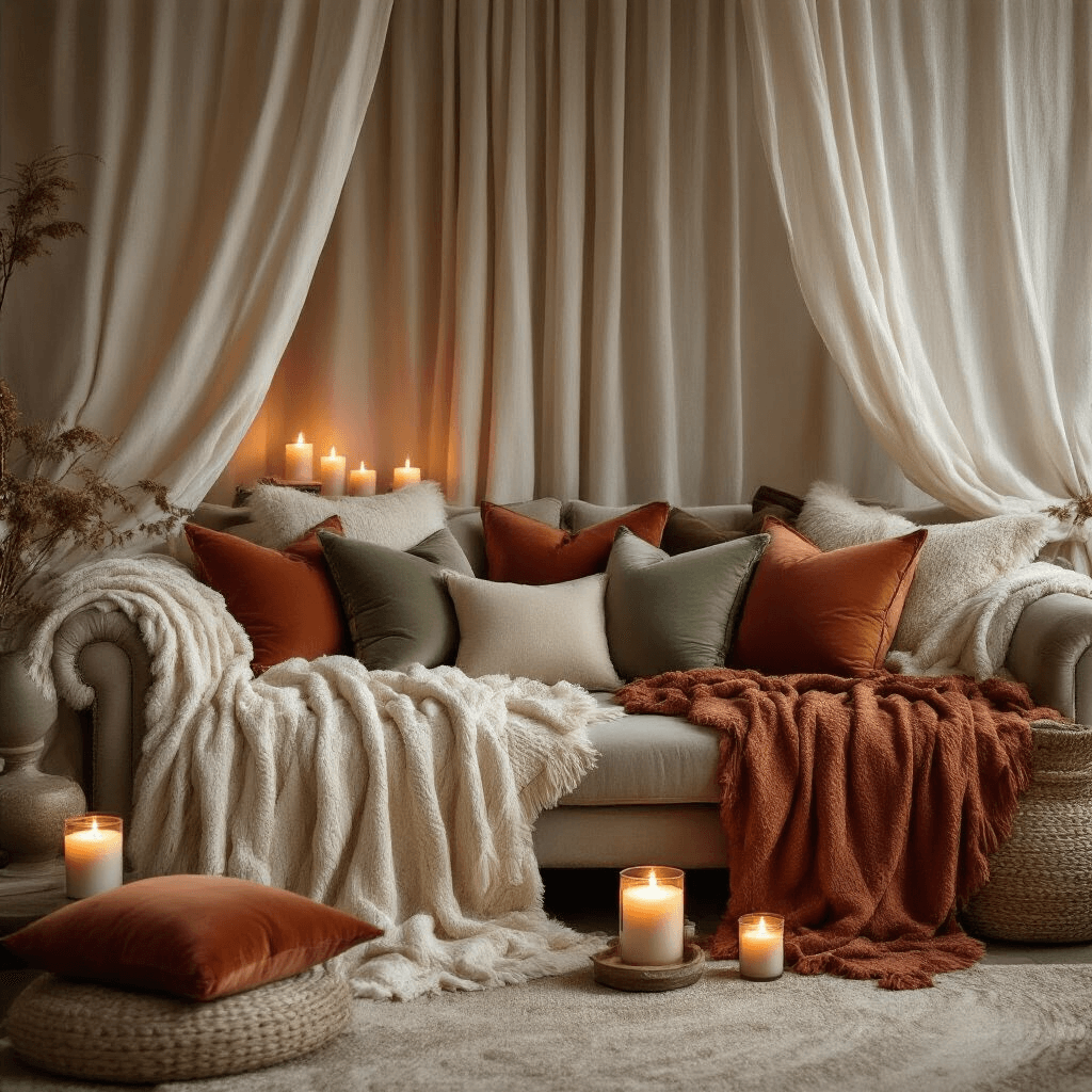 Ultimate Gift Guide for Women in 2025: Thoughtful Presents for Every Personality A cozy living room adorned with soft throw blankets and plush velvet cushions, featuring flickering scented candles on rustic wood surfaces. Warm light illuminates decorative pillows in terracotta and sage, while layered textiles in cream and gold create intimate seating areas, all framed by sheer drapery.