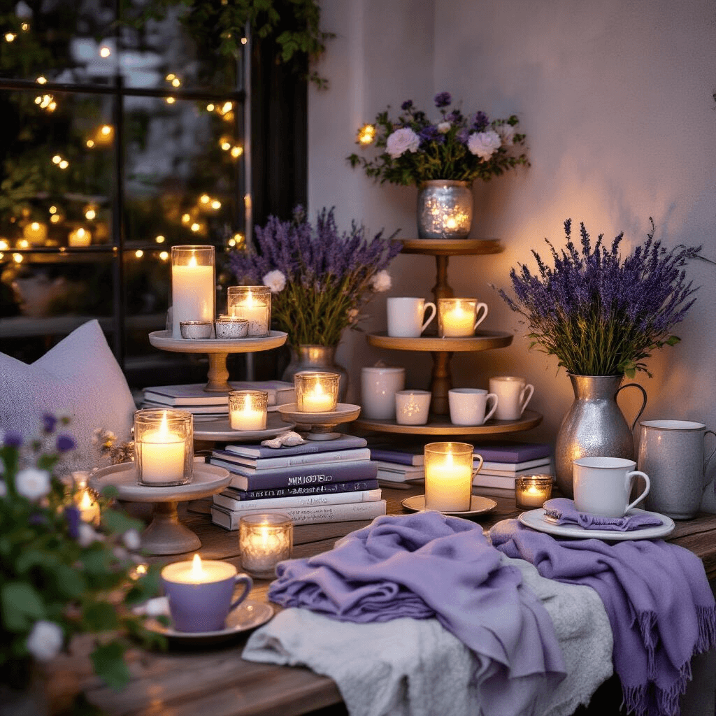 Ultimate Gift Guide for Women in 2025: Thoughtful Presents for Every Personality Intimate dining nook showcasing budget-friendly gift displays on tiered stands, featuring artisan candles, inspirational books, and cozy scarves on low wooden tables, with a lavender and silver color palette, fresh florals in ceramic vases, cute mugs, and small gift items, all illuminated by warm candlelight.