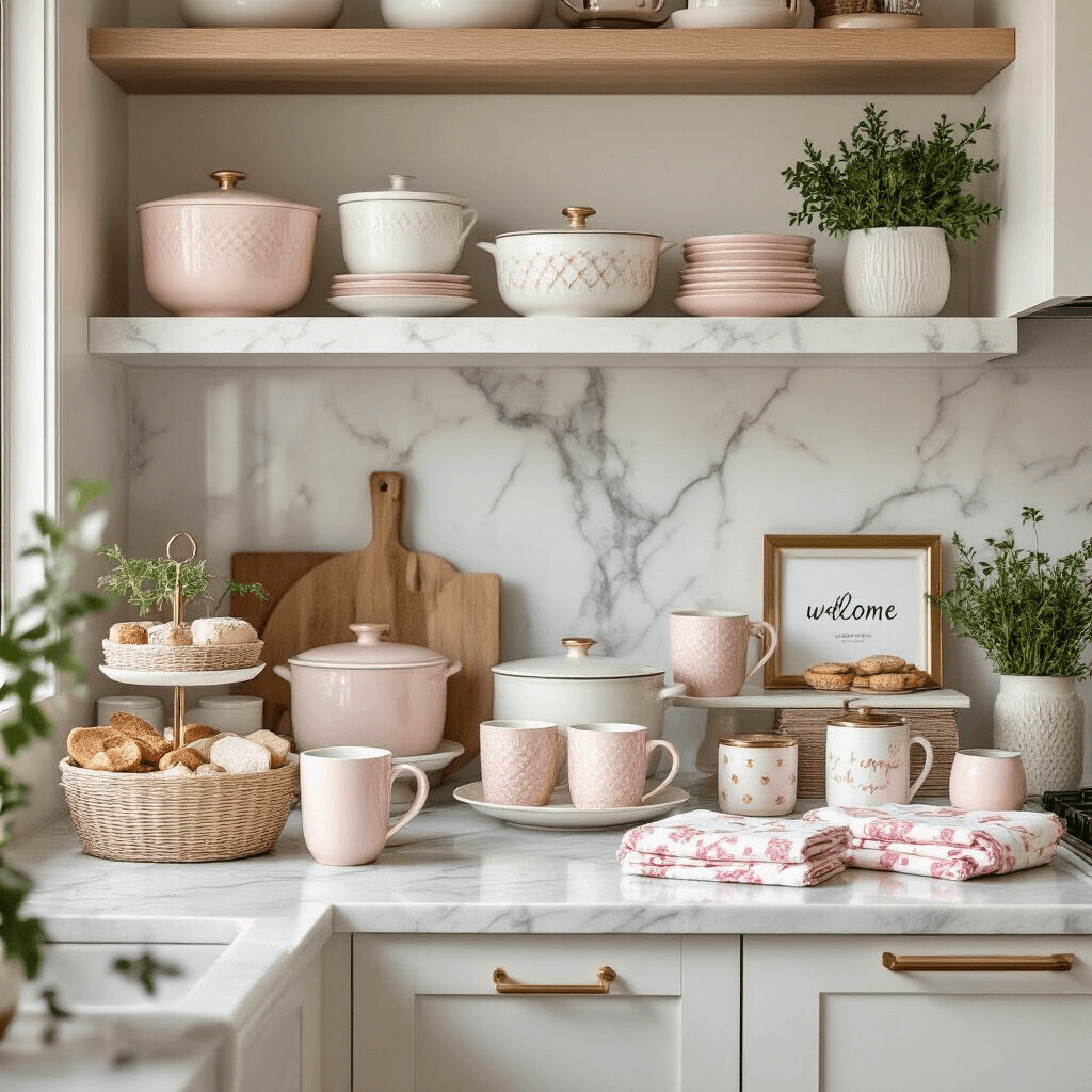 Ultimate Housewarming Gift Guide: Transforming Houses into Homes A modern apartment kitchen set for a housewarming party, featuring marble countertops adorned with bakeware, unique mugs on tiered stands, custom gift baskets with gourmet snacks, decorative blush pink tea towels, and minimalist picture frames with welcome messages, all complemented by brass accents and fresh herbs in glass containers.