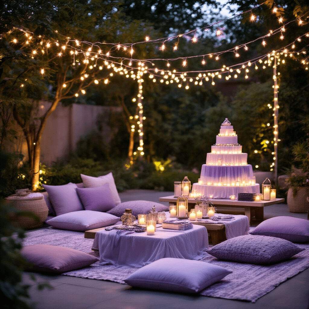 Cute Gift Ideas: The Ultimate Guide to Adorable and Memorable Presents Cinematic evening celebration in a stylish backyard with fairy lights overhead, low tables adorned with lavender and silver friendship bracelets, floor cushions, candlelit ambiance, and tiered gift displays featuring LED lights and aesthetic stationery sets on sheer draped surfaces.