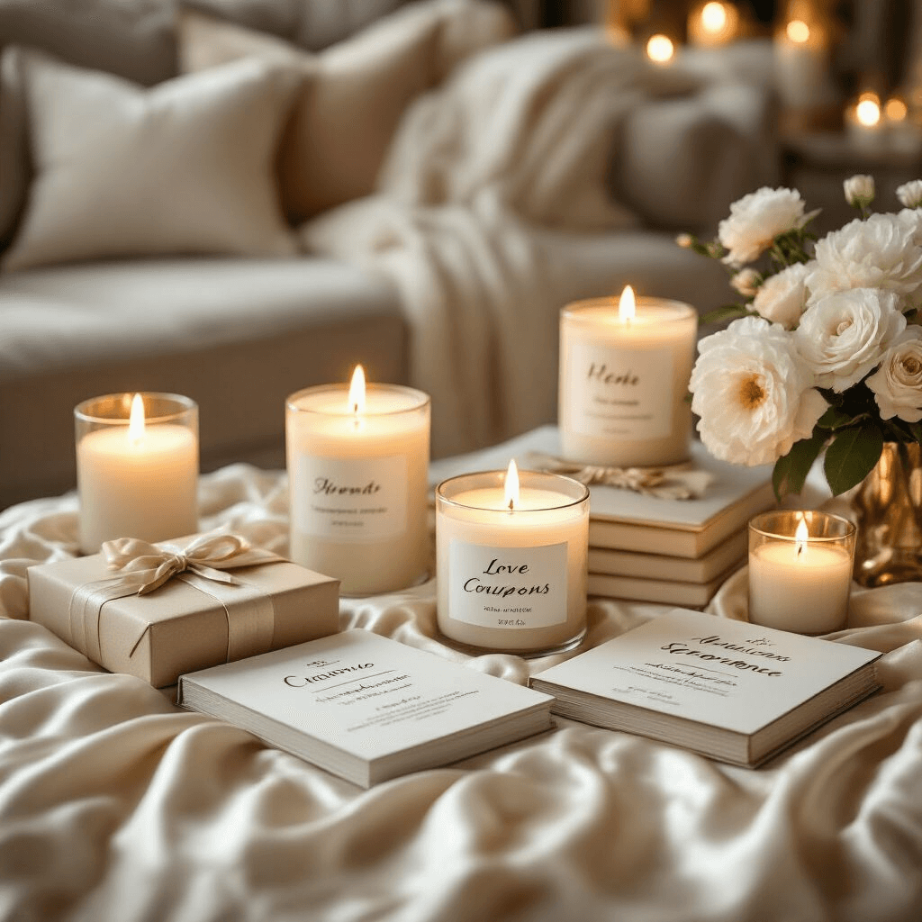 Cute Gift Ideas: The Ultimate Guide to Adorable and Memorable Presents A cozy living room illuminated by candlelight, showcasing personalized love coupons, photo books, and experience gift certificates on silk-draped surfaces, surrounded by gold and ivory decor, velvet cushions, and fresh white flowers.