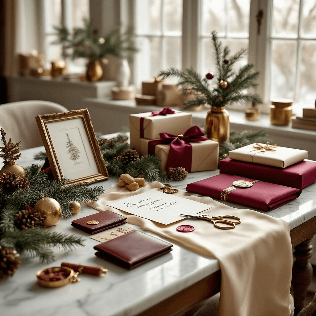 Thoughtful Christmas Gifts for Your Boyfriend: The Ultimate Guide to Winning His Heart in 2025 Cinematic wide-angle shot of a cozy indoor gift wrapping station featuring a marble dining table with custom Christmas gifts, rich burgundy and gold wrapping paper, vintage brass scissors, and organic elements like evergreen sprigs and cinnamon sticks, all bathed in soft morning light.