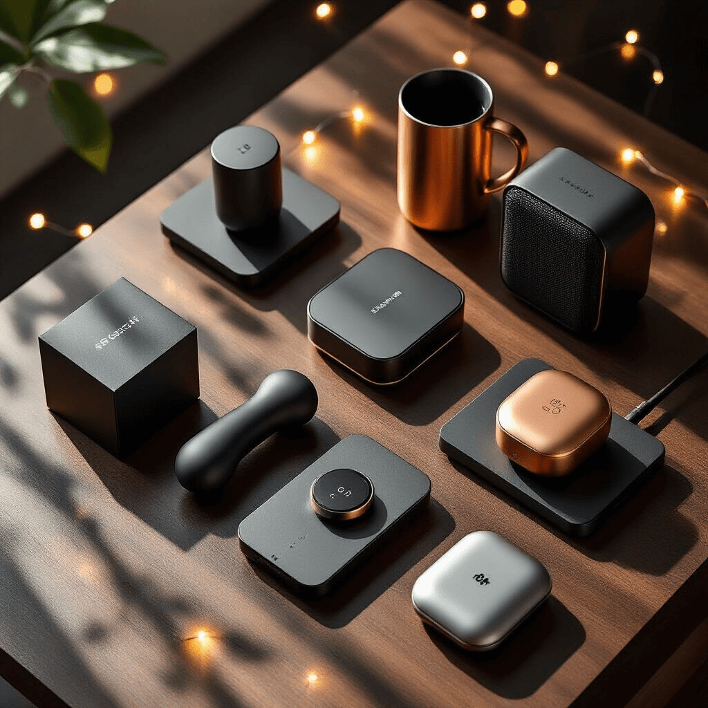 Thoughtful Christmas Gifts for Your Boyfriend: The Ultimate Guide to Winning His Heart in 2025 Overhead view of a sleek tech gift display on dark walnut, featuring wireless chargers, Bluetooth speakers, and temperature-control mugs, with matte black and silver packaging accented by warm copper, illuminated by golden hour light and soft bokeh from fairy lights.