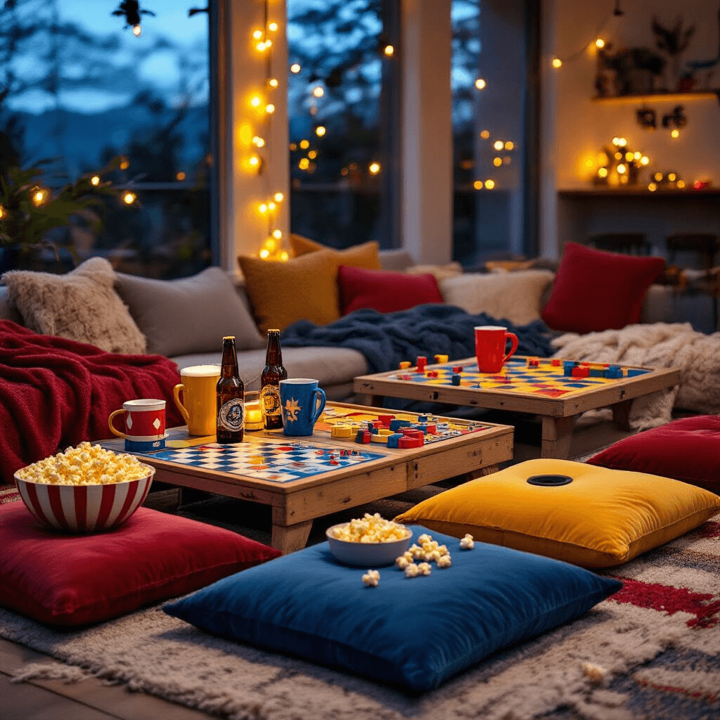 Thoughtful Christmas Gifts for Your Boyfriend: The Ultimate Guide to Winning His Heart in 2025 Cinematic image of a vibrant game night setup featuring board games, cornhole sets, and colorful novelty mugs in a cozy living space adorned with fairy lights, velvet floor cushions, and festive primary colors, complemented by popcorn bowls and craft beer bottles.