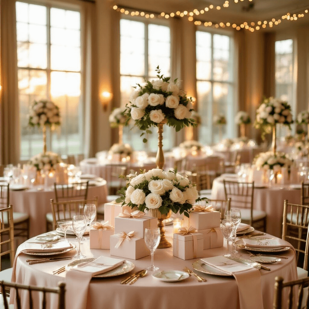 Incredible Birthday Gift Ideas for Your Boyfriend in 2025: The Ultimate Guide Elegant ballroom during golden hour with blush pink silk table linens, cream accents, personalized gift displays on marble pedestals, white roses and eucalyptus centerpieces, crystal glassware, gold-rimmed place settings, and soft fairy lights overhead.