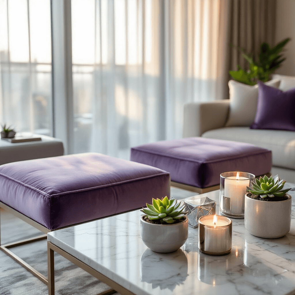 Incredible Birthday Gift Ideas for Your Boyfriend in 2025: The Ultimate Guide Close-up of a modern living room with velvet floor cushions in lavender and silver, minimalist gift arrangements on glass tables, geometric candles, and succulent plants in ceramic pots, all bathed in soft morning light.
