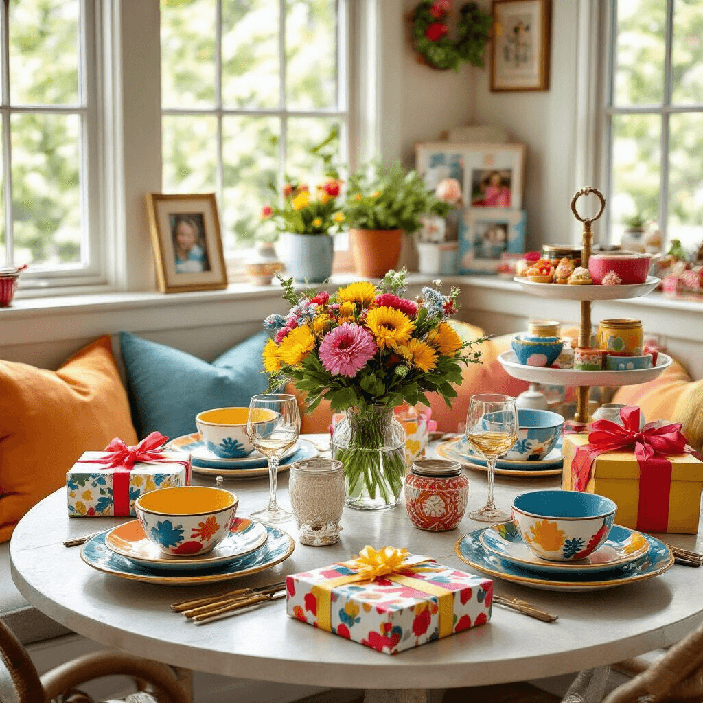 Incredible Birthday Gift Ideas for Your Boyfriend in 2025: The Ultimate Guide Intimate dining nook with a round bistro table set in bold primary colors, featuring colorful ceramic place settings, fresh flowers in glass vases, vibrant wrapped gifts, and personalized party favors, all illuminated by cozy morning light.