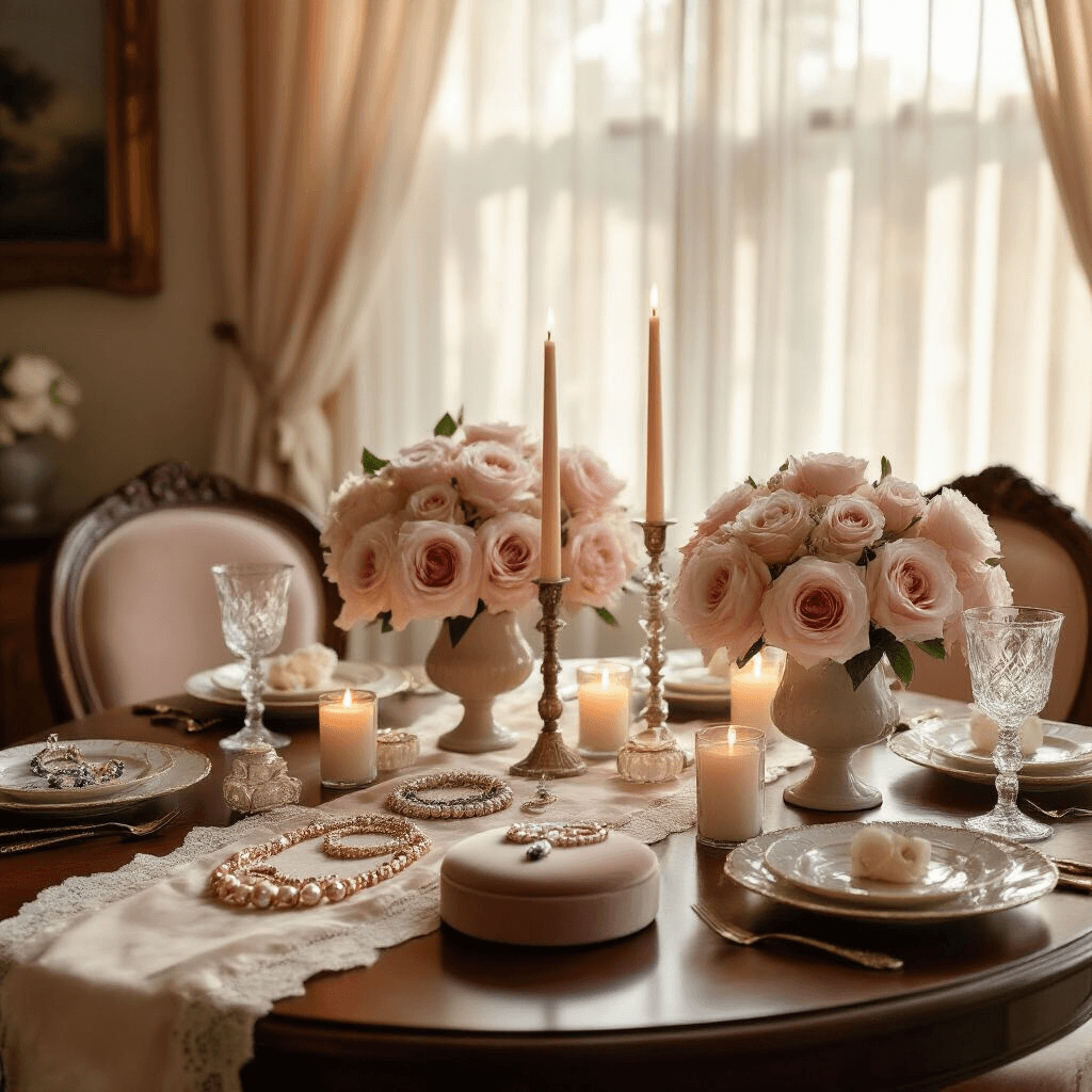 Cinematic wide-angle shot of an intimate dining room with a round mahogany table, handcrafted jewelry displays, floral centerpieces, and softly flickering candles, bathed in warm morning light.