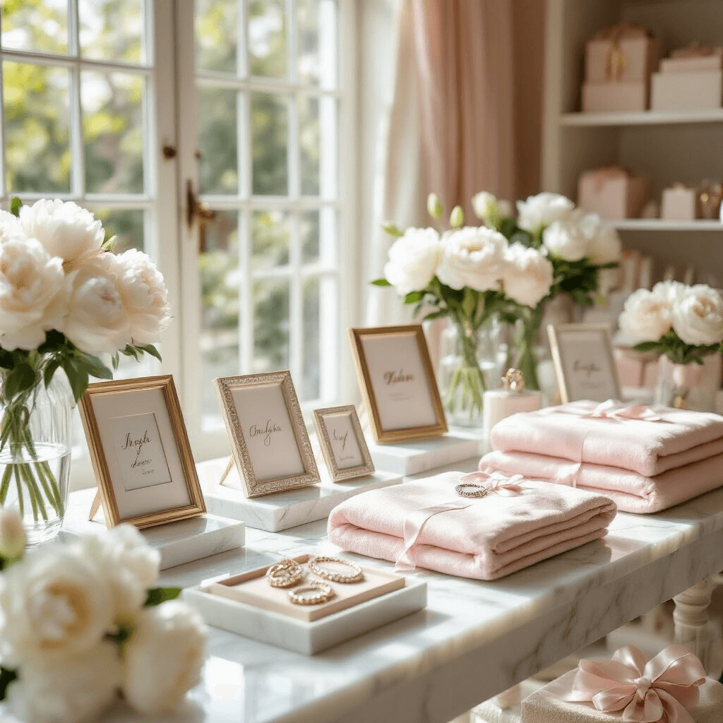 Ultimate Gift Guide: Thoughtful Presents Your Mom Will Absolutely Love Elegant indoor boutique featuring personalized keepsakes on white marble tables, with soft morning light highlighting custom photo frames, engraved jewelry, and monogrammed silk blankets in blush pink and cream tones, surrounded by fresh white peonies and crystal displays.