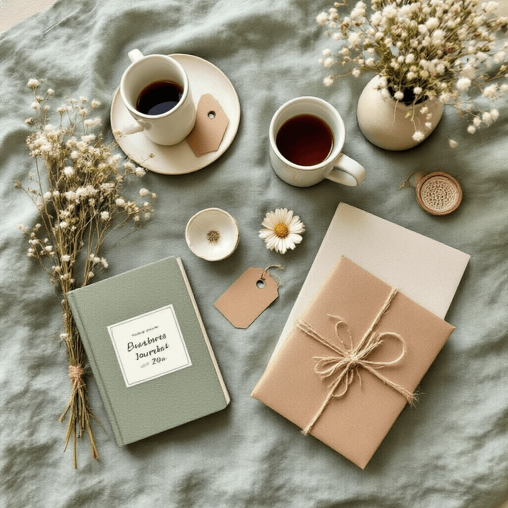 Ultimate Gift Guide: Thoughtful Presents Your Mom Will Absolutely Love Charming flat lay of a budget-friendly apartment kitchen, featuring cute coffee mugs, inspirational journals, and small decorative items on a sage green linen backdrop, accented by dried florals and kraft paper gift tags in soft natural lighting.