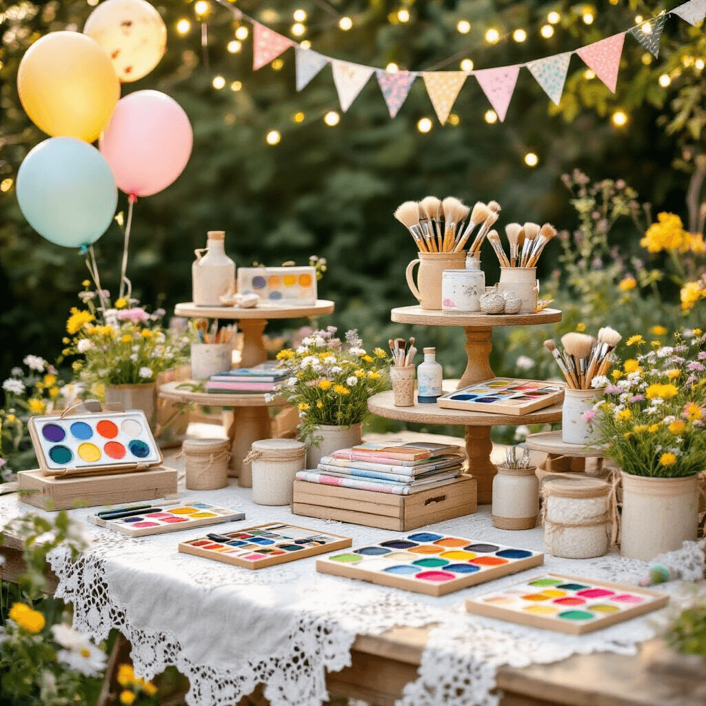 Ultimate Gift Guide: Thoughtful Presents Your Mom Will Absolutely Love A whimsical garden party scene celebrating creative moms, featuring art supply kits and craft materials on tiered wooden stands, illuminated by fairy lights. Watercolor palettes, brush sets, and colorful hobby tools are arranged on vintage lace tablecloths, surrounded by pastel balloons, fresh wildflowers, and handmade bunting.