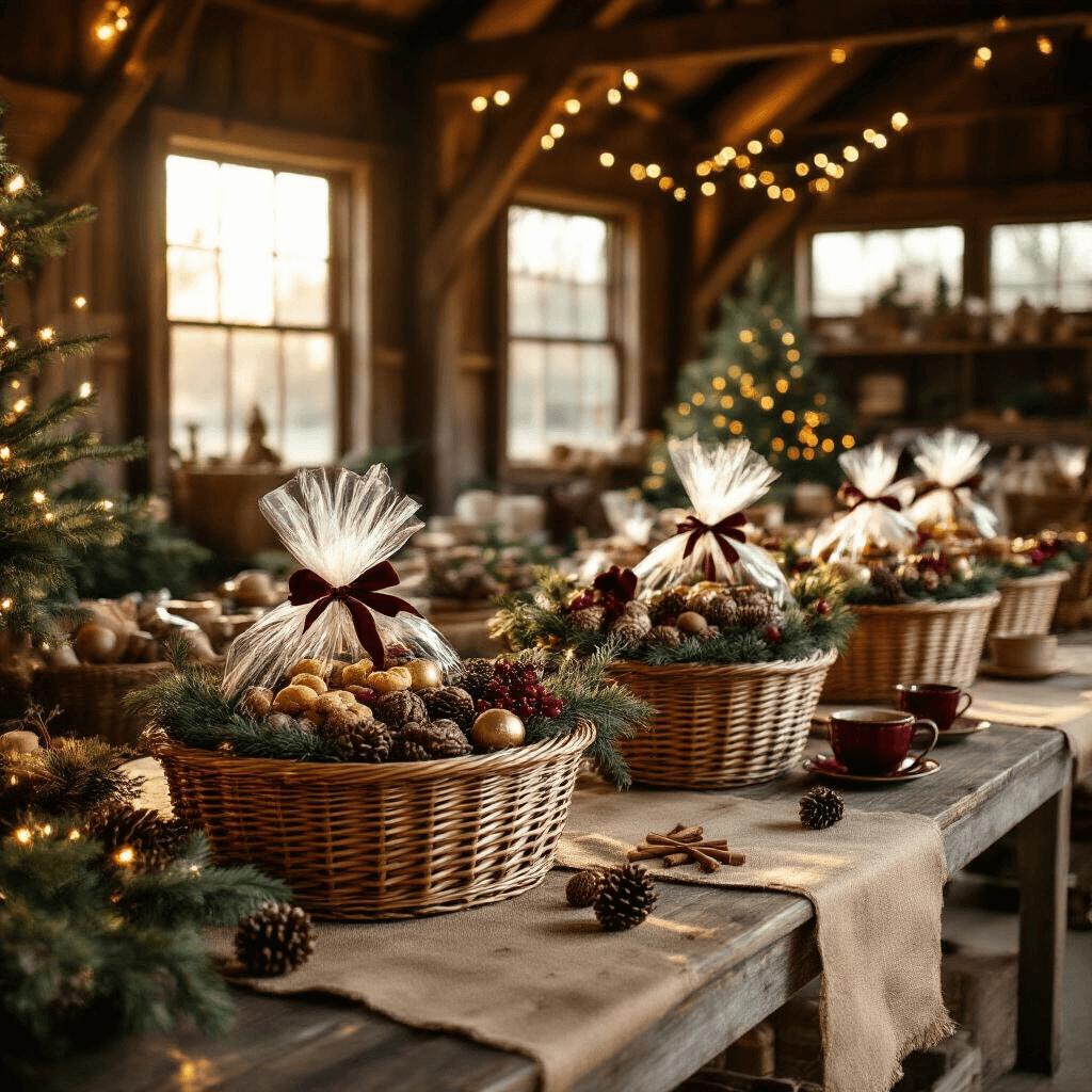21 Creative Christmas Basket Gift Ideas: The Ultimate Guide to Festive, Thoughtful Presents Cinematic wide-angle view of a rustic barn workshop filled with elegant Christmas gift baskets, illuminated by golden hour sunlight. The scene features vintage wicker baskets filled with gourmet treats, adorned with sheer cellophane and velvet ribbons, surrounded by pine cones, cinnamon sticks, and fairy lights, all harmonized in a rich burgundy and forest green palette.