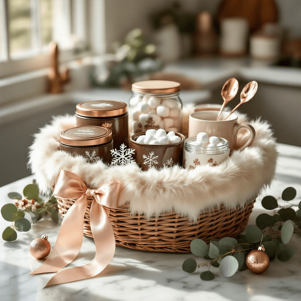 21 Creative Christmas Basket Gift Ideas: The Ultimate Guide to Festive, Thoughtful Presents Overhead view of a luxurious Hot Chocolate Heaven basket on marble countertops, filled with artisan cocoa tins, snowflake marshmallows in jars, chocolate-dipped spoons, and festive mugs, accented by soft morning light and rose gold details.