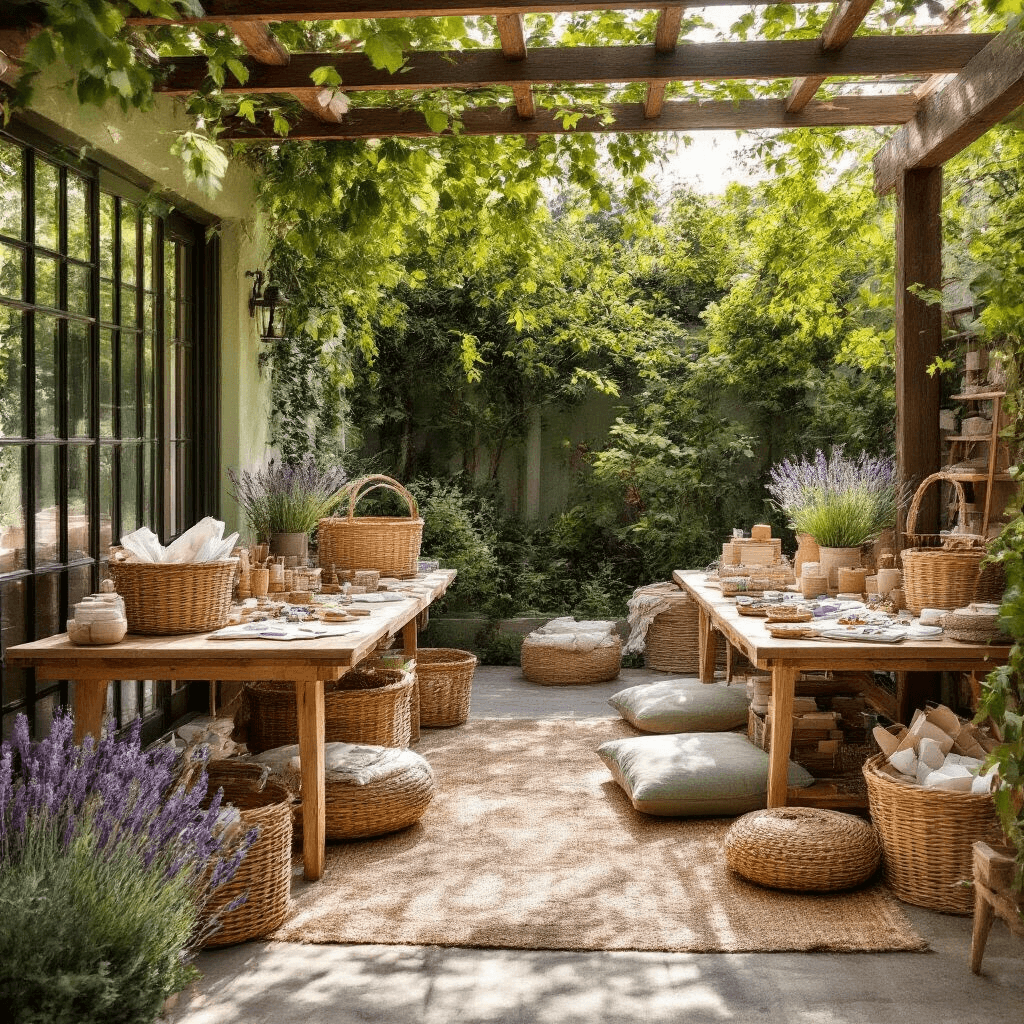 21 Creative Christmas Basket Gift Ideas: The Ultimate Guide to Festive, Thoughtful Presents A DIY basket creation station in a stylish backyard, featuring low wooden tables surrounded by floor cushions, dappled sunlight through a pergola, and a sage green and terracotta color palette. Scattered crafting supplies include empty wicker baskets, colorful tissue paper, ribbons, and small gift items, while fresh lavender and eucalyptus add organic texture.