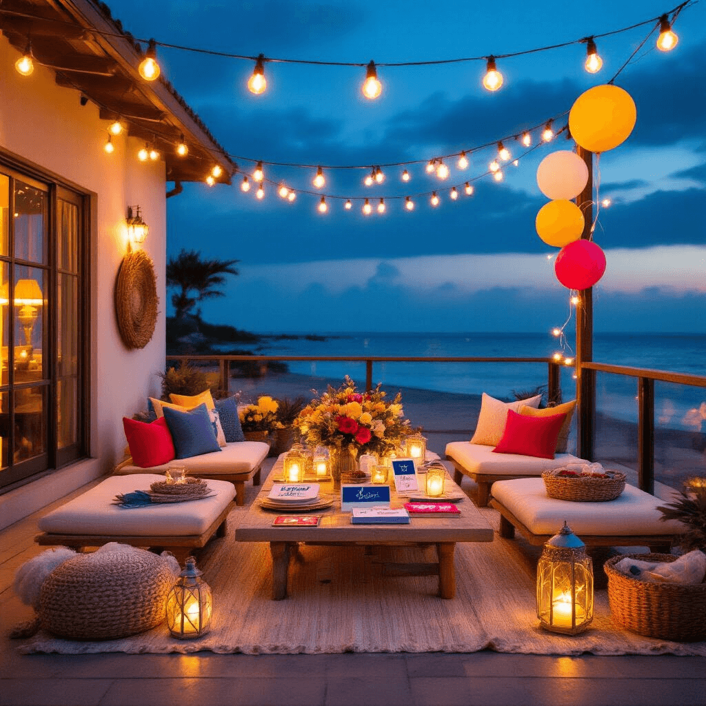 Ultimate Gift Card Guide for 2025: The Smartest Way to Give the Perfect Present Cinematic beachfront terrace at night with fairy lights, featuring picnic-style low tables with gift cards in nautical holders, bold color accents against cream linens, layered textiles, glass lanterns, and string lights reflecting off water, complemented by custom wall decor and balloon arrangements.