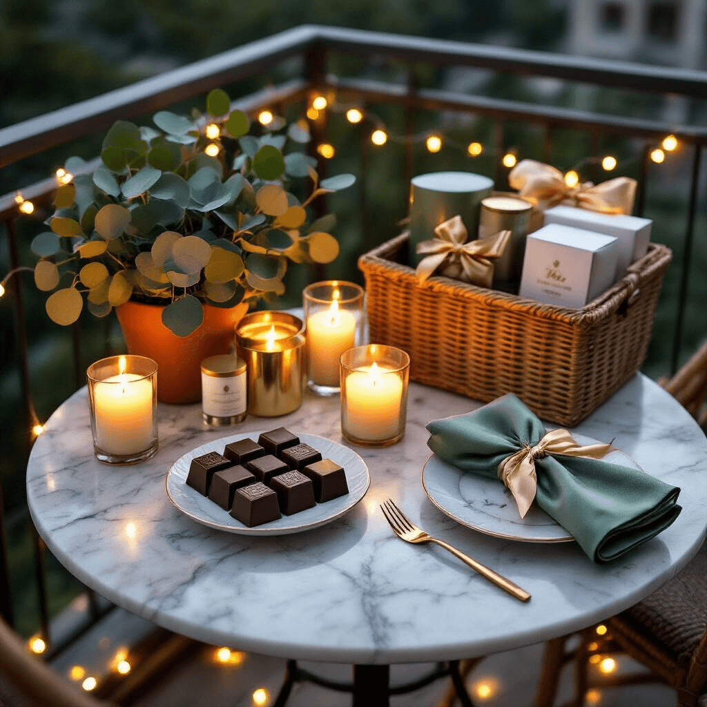 Valentine's Day Gift Guide: Unforgettable Presents for Every Relationship in 2025 A beautifully styled modern apartment balcony featuring a marble-topped bistro table adorned with gourmet chocolates and luxury spa gift baskets. The scene is illuminated by candlelight and fairy lights, with a terracotta and sage color palette and fresh eucalyptus arrangements. Silk napkins and brass accents enhance the ambiance in this elegant evening setting, captured from an overhead angle.