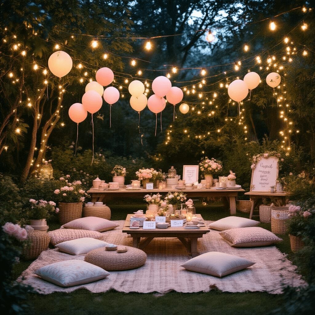 Valentine's Day Gift Guide: Unforgettable Presents for Every Relationship in 2025 A whimsical garden party setup at night, featuring string lights and pastel balloons, with low picnic-style tables adorned with love language-themed gifts, personalized wall art, and handmade coupon books, all creating an intimate and magical atmosphere.