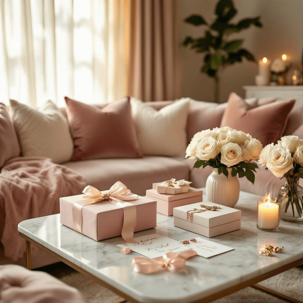 A cozy indoor living room during golden hour, featuring a gift exchange scene with personalized gifts, photo books, and friendship jewelry on a low coffee table, surrounded by blush pink and cream velvet cushions, fresh white roses, and warm candlelight.