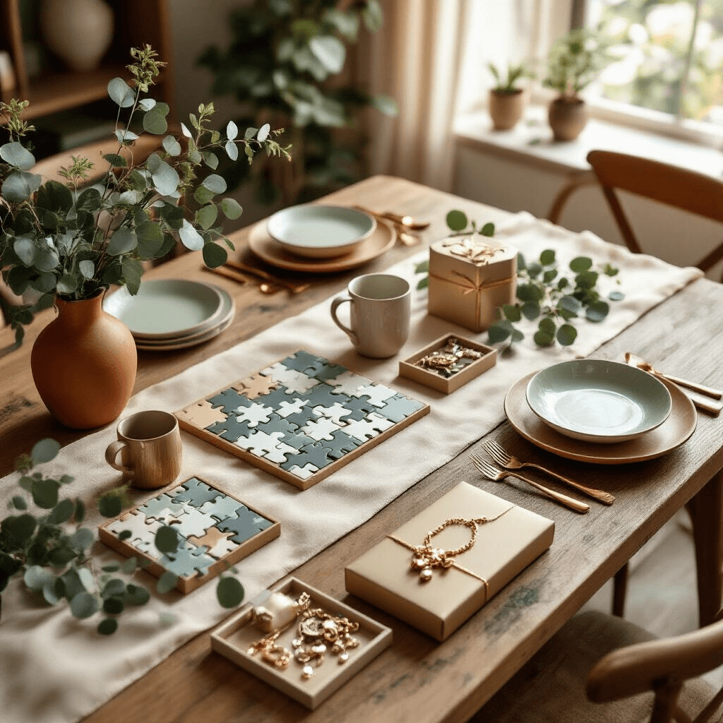 Cinematic overhead flat lay of a modern dining table styled for a best friend gift reveal, featuring a terracotta and sage color palette, rustic wood surfaces, gold accents, custom photo puzzles, personalized mugs, and tech gifts on silk runners, with fairy lights, fresh eucalyptus, and delicate jewelry boxes, highlighted by natural midday sunlight.