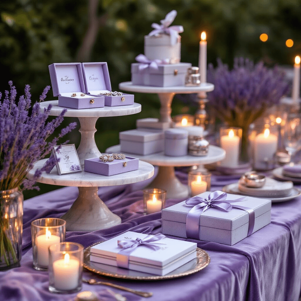 Close-up of an elegant gift table in a stylish backyard, featuring marble cake stands with jewelry boxes and custom photo books, surrounded by lavender and silver details. The table displays personalized travel accessories and self-care kits wrapped in sheer ribbons, with flickering candlelight reflecting in glassware and fresh lavender centerpieces adding texture, all under moody lighting.