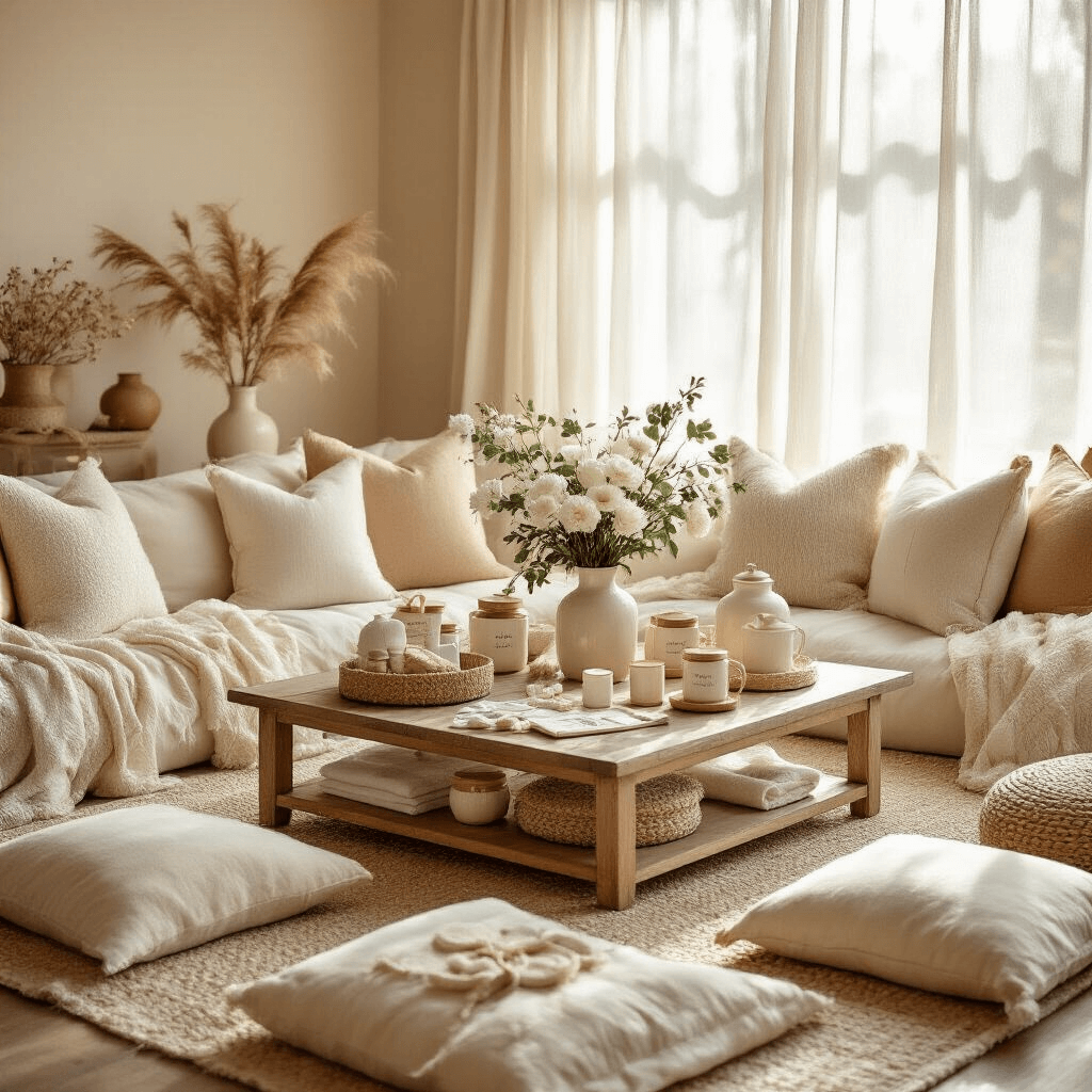 Wide-angle view of a cozy living room gift exchange setup in soft morning light, featuring a cream and gold color scheme, low seating with floor cushions, and a coffee table decorated with personalized gifts, custom photo socks, and friendship care packages. Sunlight filters through gauze curtains, illuminating silk pillows and ceramic containers, while fresh white flowers in vintage vases provide elegant touches.