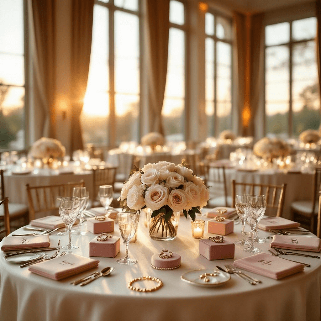 Unforgettable Gift Ideas for Friends: A Comprehensive Guide Elegant ballroom during golden hour showcasing round tables with personalized jewelry displays, silk ivory linens, blush pink and gold decor, white roses, and crystal glassware illuminated by warm natural light.