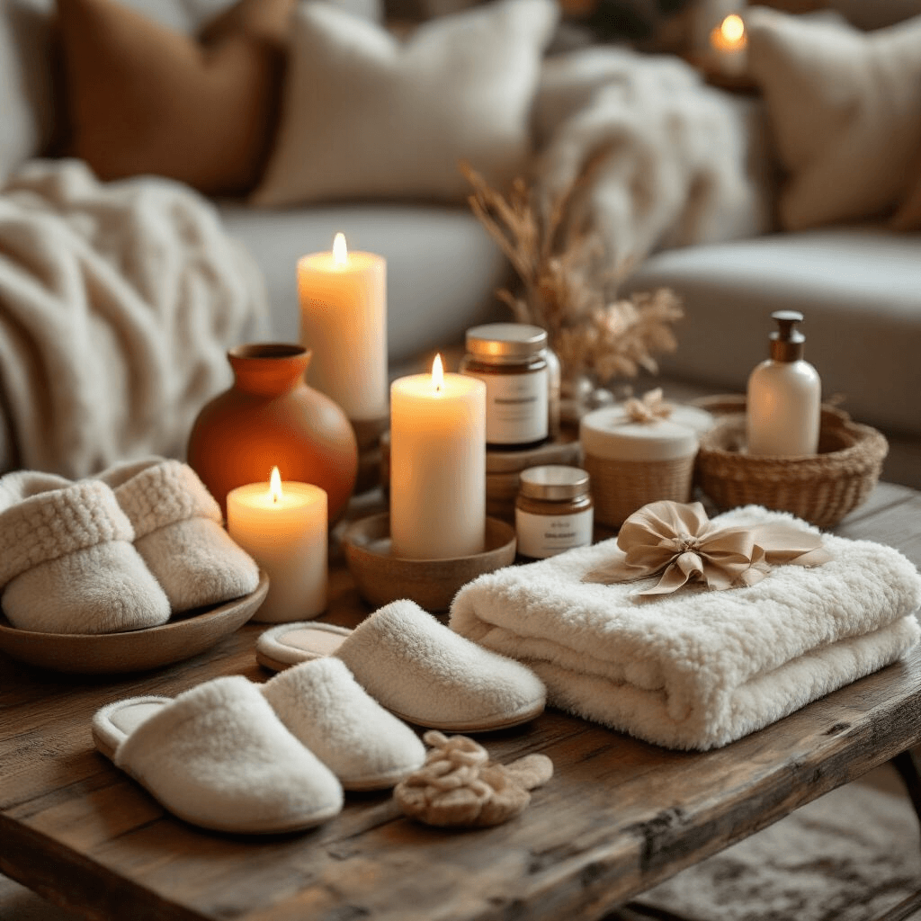 Unforgettable Gift Ideas for Friends: A Comprehensive Guide Cozy living room with candlelit ambiance, showcasing a rustic wood coffee table adorned with fuzzy slippers, spa gift sets, and sherpa blankets in warm terracotta and cream tones, surrounded by multiple glowing pillar candles.