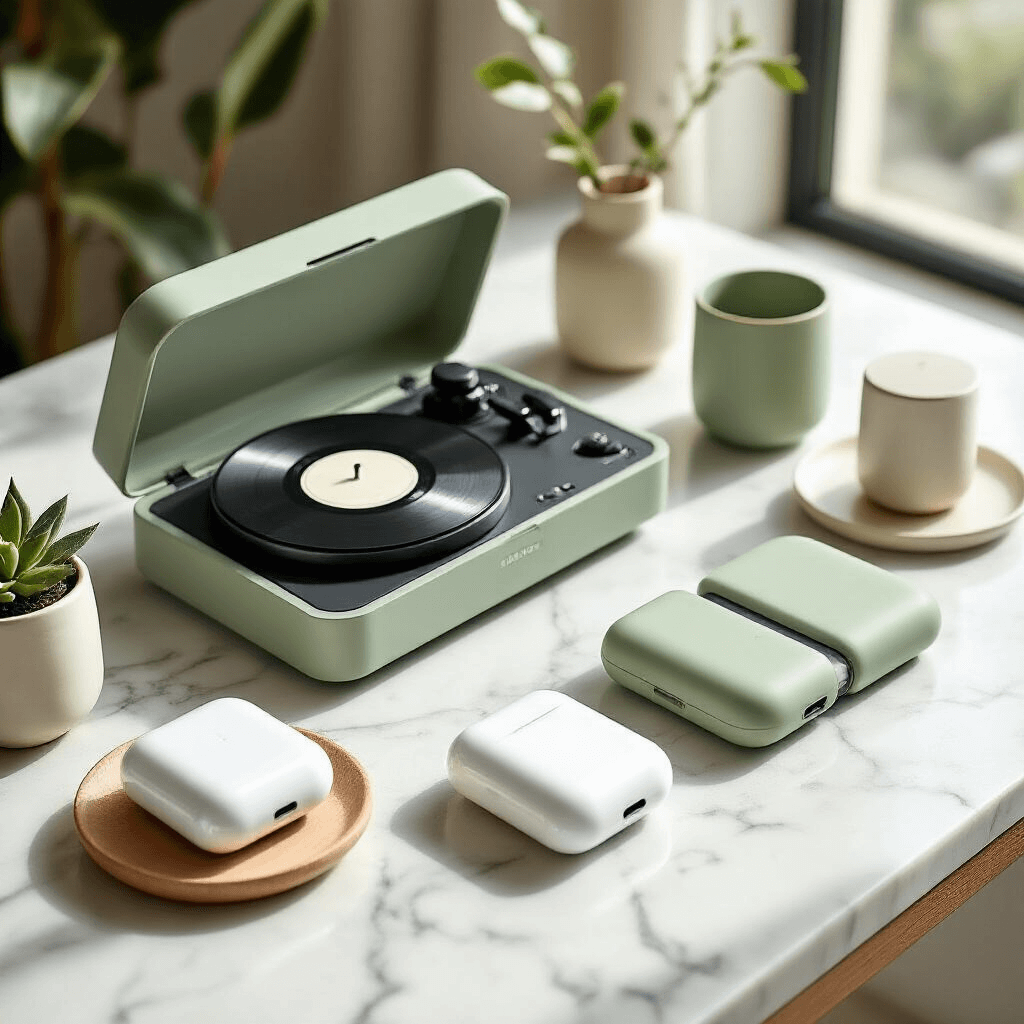 Unforgettable Gift Ideas for Friends: A Comprehensive Guide Flat lay of tech gifts including a vintage vinyl player, wireless charging stations, and personalized AirPods cases on a marble countertop, in a modern apartment with natural morning light, featuring a sage green and ivory color scheme and minimalist ceramic accents.
