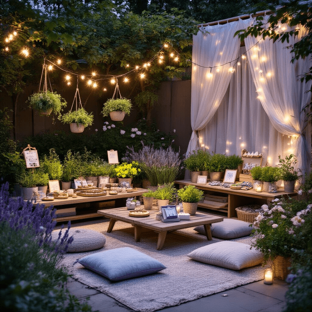 Unforgettable Gift Ideas for Friends: A Comprehensive Guide A cinematic wide shot of a stylish backyard garden setup at dusk, featuring hobby-themed gift display tables with indoor herb gardens, artisan chocolates, and DIY craft kits on low wooden tables with floor cushions, illuminated by string lights in a lavender and silver palette, surrounded by fresh florals and sheer drapery.