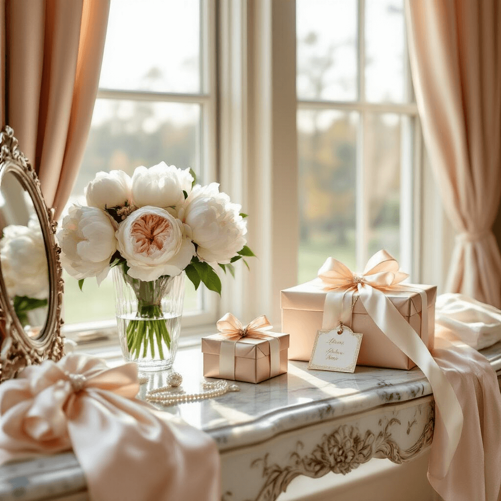 Wedding Gift Wrapping Ideas: Make Your Present Shine! Wide-angle shot of an elegant bridal suite featuring tall windows that let in natural morning light, with a marble vanity showcasing wedding gifts wrapped in gold paper and ivory ribbons, surrounded by a soft blush pink and cream color palette, silk linens, and a crystal vase of white peonies.