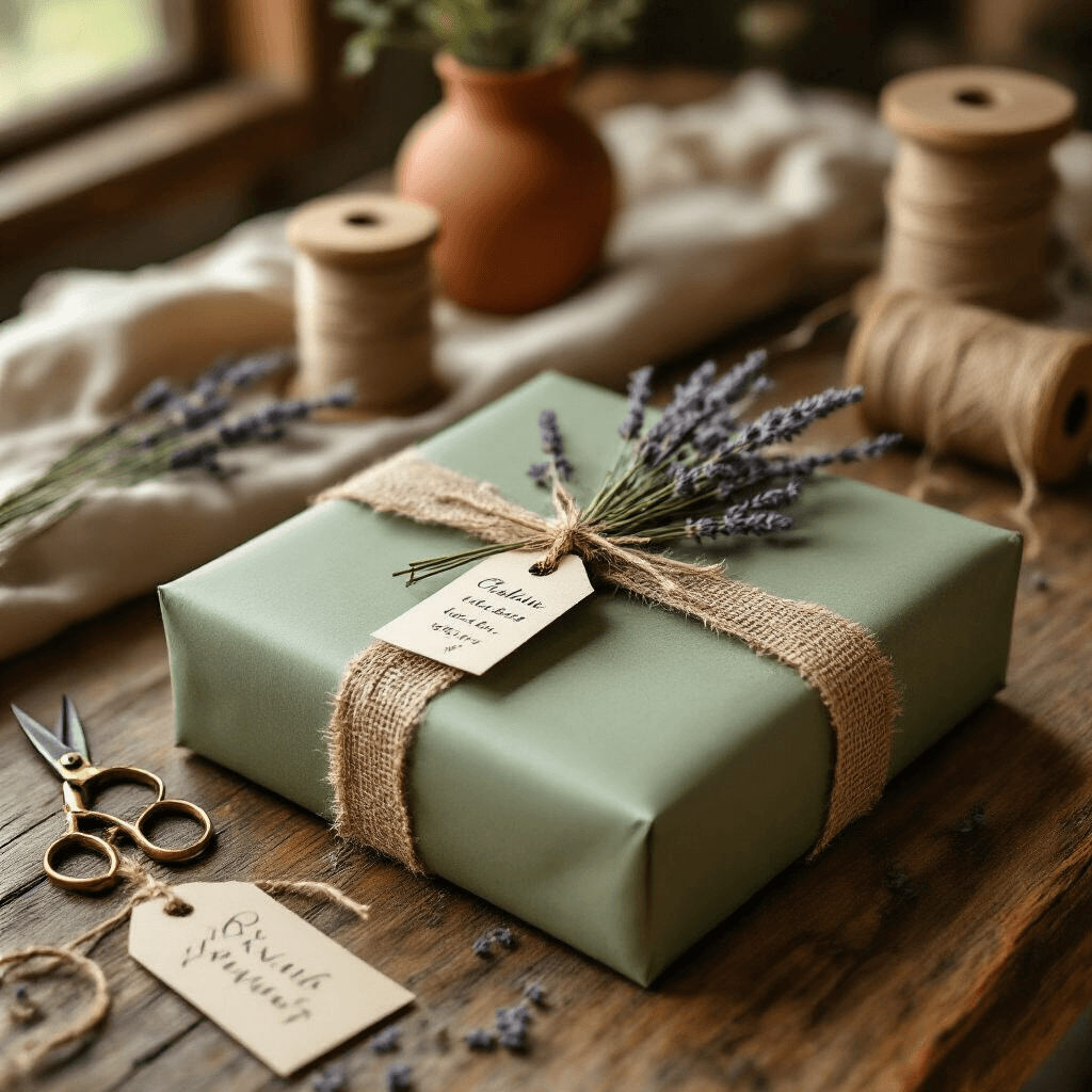 Wedding Gift Wrapping Ideas: Make Your Present Shine! Close-up of a rustic wooden farmhouse table during golden hour, featuring creative wedding gift wrapping with sage green paper, dried lavender, burlap ribbon, vintage brass scissors, and twine, all under a soft amber glow with textured linen and handwritten calligraphy tags.