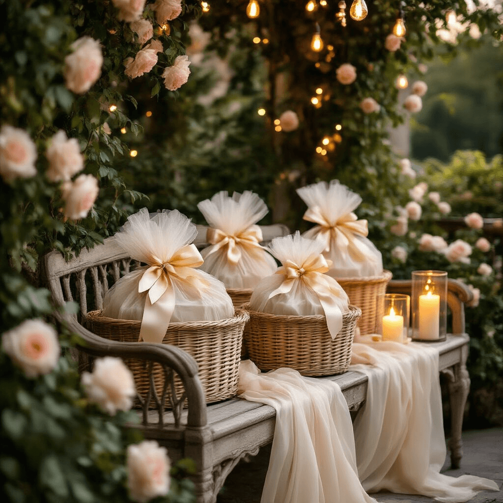 Wedding Gift Wrapping Ideas: Make Your Present Shine! Candlelit garden terrace featuring wicker gift baskets wrapped in ivory fabric on a vintage wooden bench, surrounded by flickering pillar candles, climbing roses, and string lights, creating a romantic atmosphere.
