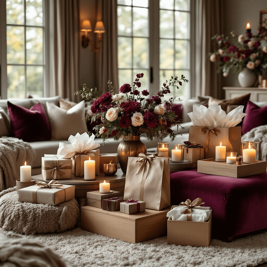 Wedding Gift Wrapping Ideas: Make Your Present Shine! Wide-angle view of a cozy living room featuring warm candlelight, fabric-wrapped gifts, elegant gift bags, and personalized wooden boxes on a plush velvet ottoman, set against a rich burgundy and champagne color palette with brass fixtures and fresh florals in ceramic vases.