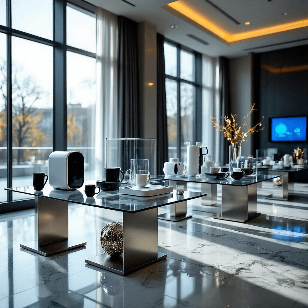 Awesome Gift Ideas for Men: The Ultimate Guide to Impressive Presents Wide-angle shot of an elegant indoor ballroom with a tech-themed gift display featuring modern glass tables adorned with sleek gadgets, smart mugs, and projectors. The space is illuminated by soft LED lighting in a minimalist palette of gunmetal gray, white, and electric blue. Silk charcoal linens and geometric centerpieces with chrome accents enhance the futuristic atmosphere, while golden hour sunlight filters through large windows, casting dramatic shadows on the marble floor.