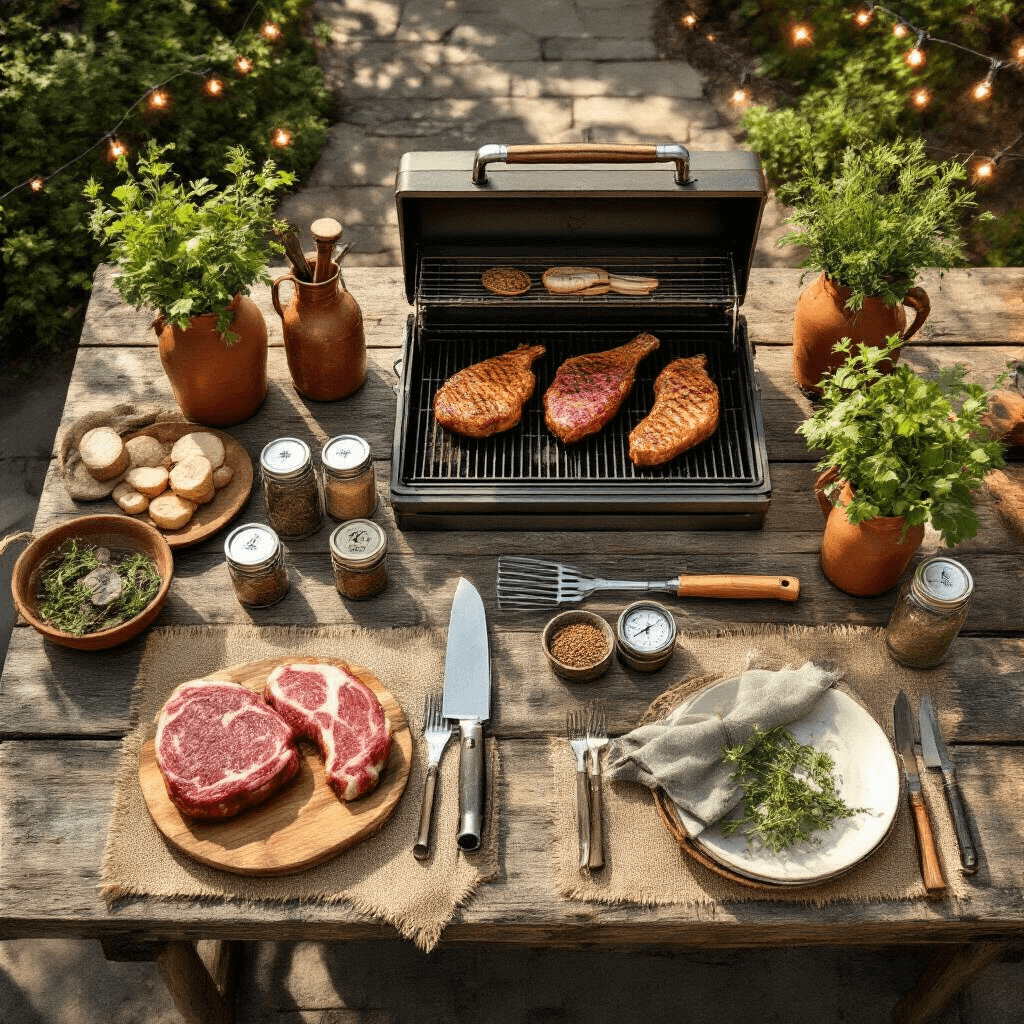 Awesome Gift Ideas for Men: The Ultimate Guide to Impressive Presents Overhead view of a rustic outdoor kitchen setup featuring weathered wood tables adorned with grilling tools, meat thermometers, artisanal seasonings, and vintage cast iron cookware, surrounded by burlap table runners and mason jars of fresh herbs, all in warm terracotta and sage green tones with copper accents, illuminated by soft morning light and string lights.