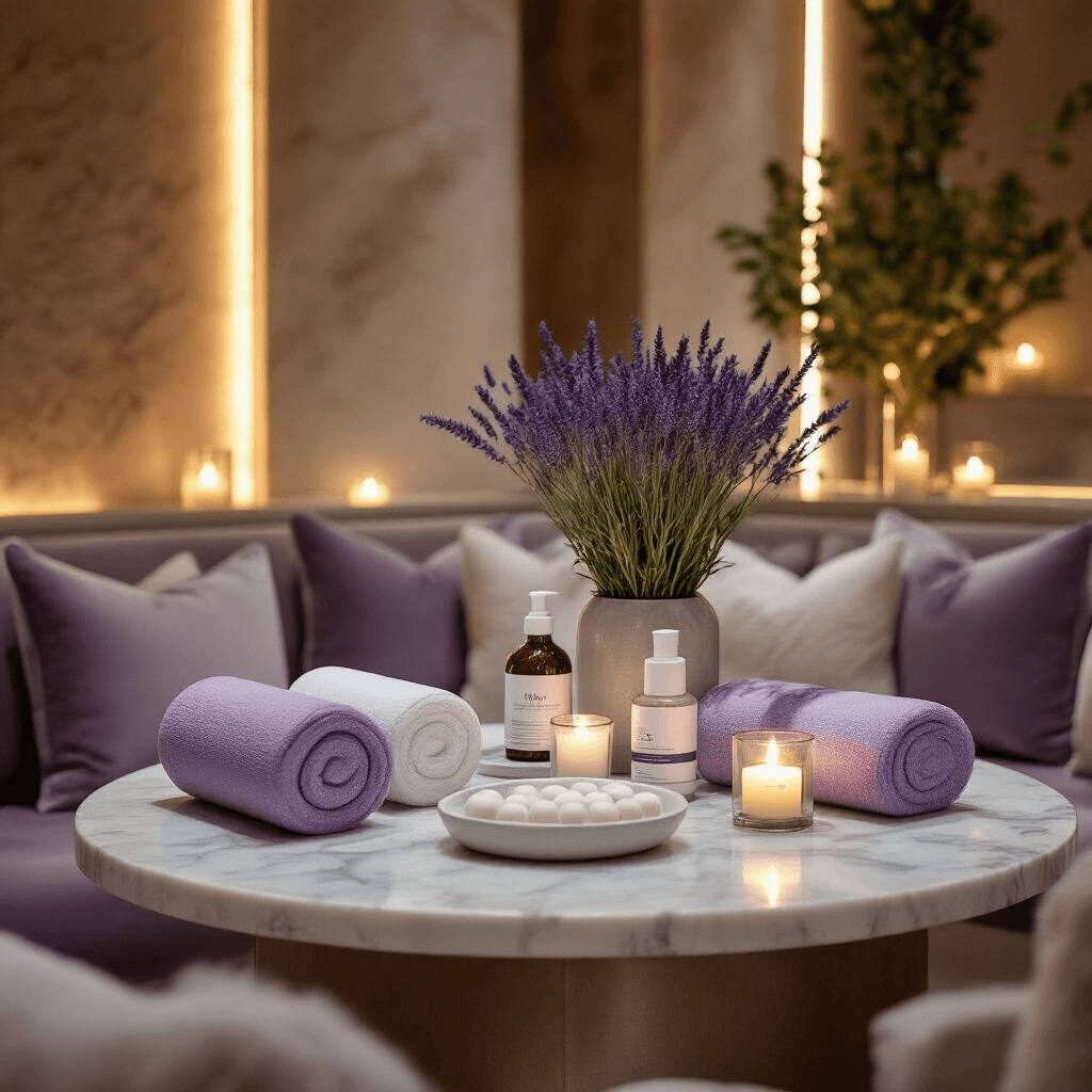 Awesome Gift Ideas for Men: The Ultimate Guide to Impressive Presents A luxurious spa-themed wellness gift display in an intimate dining nook featuring round marble tables with recovery tools, foam rollers, and self-care products, accented by calming lavender and silver tones, velvet cushions, and eucalyptus arrangements, all illuminated by warm golden candlelight.