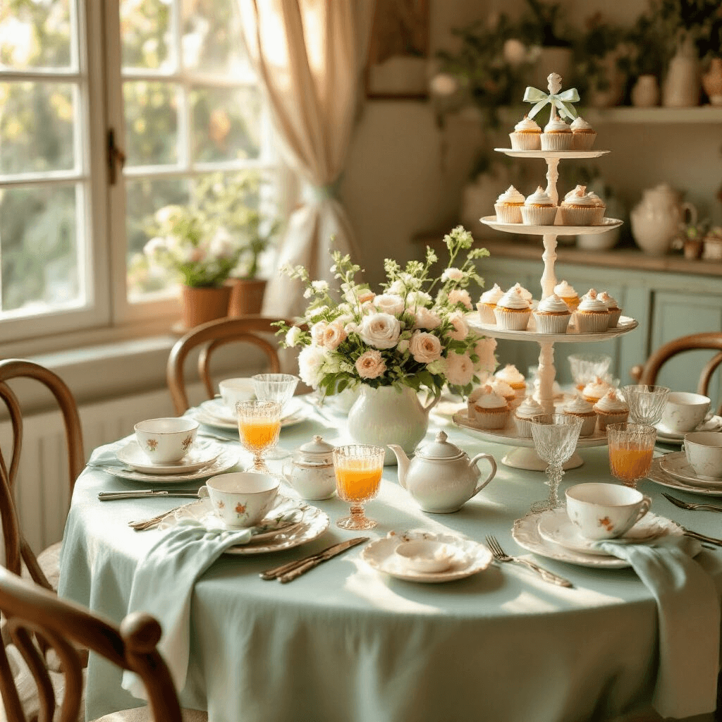 Magical Toddler Tea Party Birthday: The Ultimate Guide to Creating Unforgettable Memories Intimate dining nook for toddlers featuring a round table set with mint green linens, ceramic tea sets, and pastel florals, illuminated by golden hour light. A tiered cake display of delicate cupcakes is accompanied by crystal juice glasses. Dress-up accessories adorn vintage wooden chairs, with a close-up on intricate place settings, silk ribbons, and personalized favors, all in a warm terracotta and sage color palette.