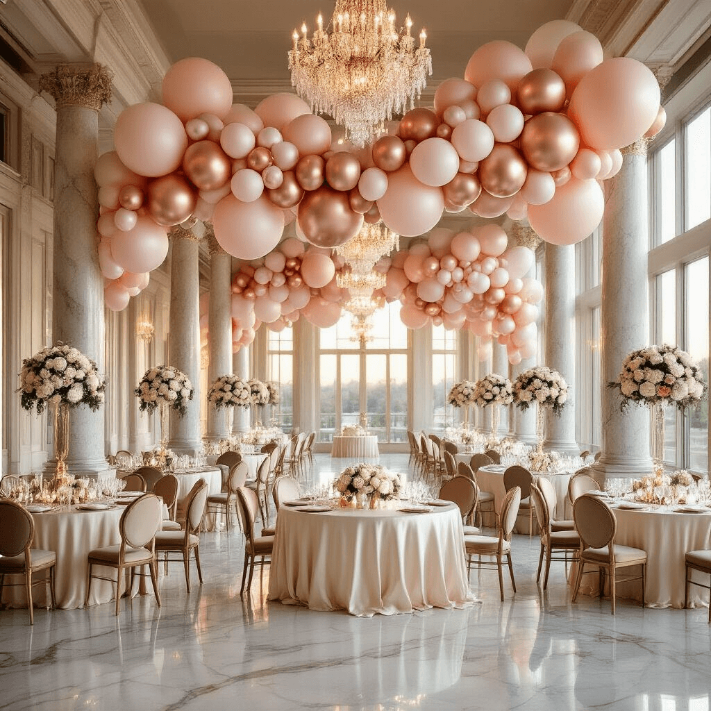 Photorealistic image of an elegant ballroom at golden hour, featuring a stunning engagement balloon installation with blush pink, rose gold, and ivory balloon garlands, crystal chandeliers, round tables draped in silk ivory linens, metallic balloon centerpieces, fresh white roses, and personalized 'She Said Yes' signage, all illuminated by soft natural light filtering through tall windows.