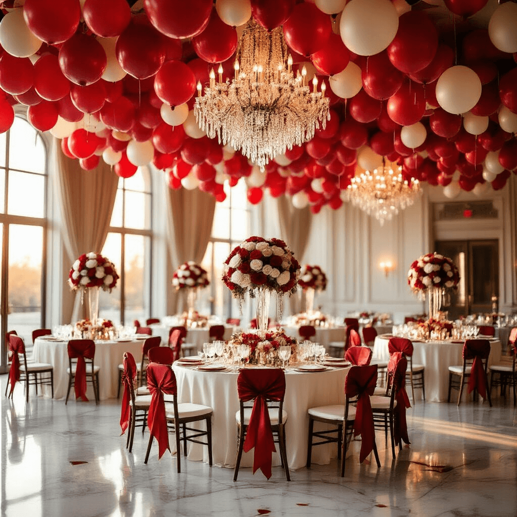 Cinematic wide-angle view of an elegant ballroom at golden hour, featuring red balloon garlands from a chandelier, white silk-draped tables with crimson balloon centerpieces and ivory roses, softly lit by natural light through tall windows, showcasing luxurious decor and romantic ambiance.