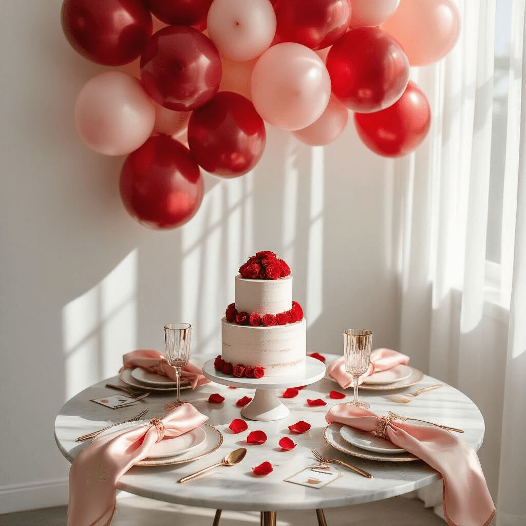 Overhead view of a modern birthday celebration setup in a bright apartment, featuring a tiered cake on a marble coffee table, clusters of red balloons, elegant place settings with pink napkins and gold glassware, adorned with rose petals and gift tags, set against white walls.