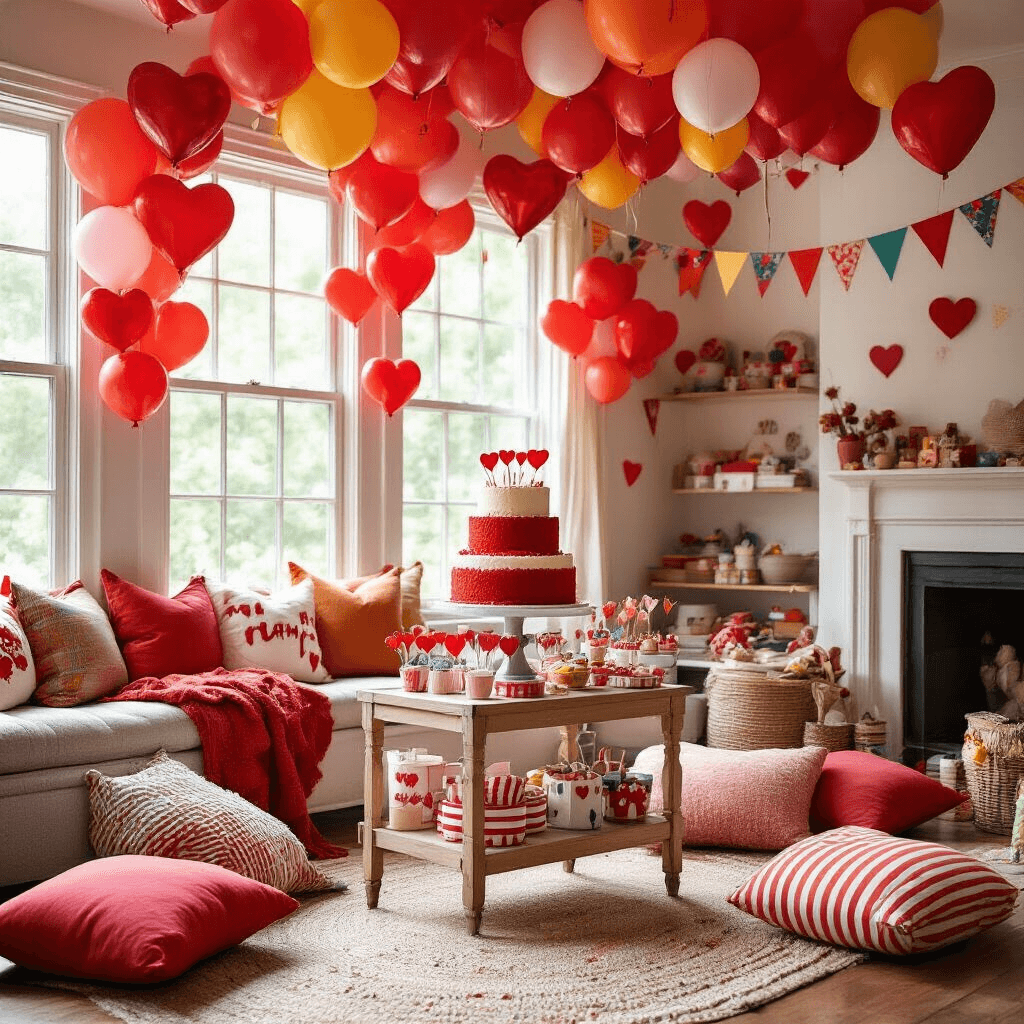A whimsical children's birthday party in a cozy living room, bathed in natural sunlight, filled with bold primary-colored balloons, a DIY dessert cart with a red velvet cake, clusters of heart-shaped balloons, soft throw pillows for seating, and colorful bunting, all celebrating joy and childhood wonder.
