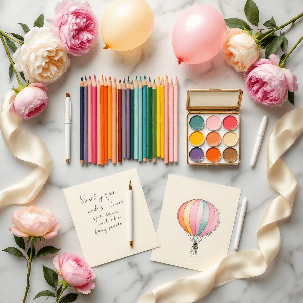 Overhead flat lay of elegant art supplies on a marble countertop, featuring premium colored pencils in rainbow formation, white gel pens, blush pink and gold watercolor sets, silk ribbons in cream and lavender, pastel peonies and roses, handwritten balloon drawing tutorials on ivory paper, and helium balloons floating above the scene, evoking a luxurious and inspiring atmosphere.