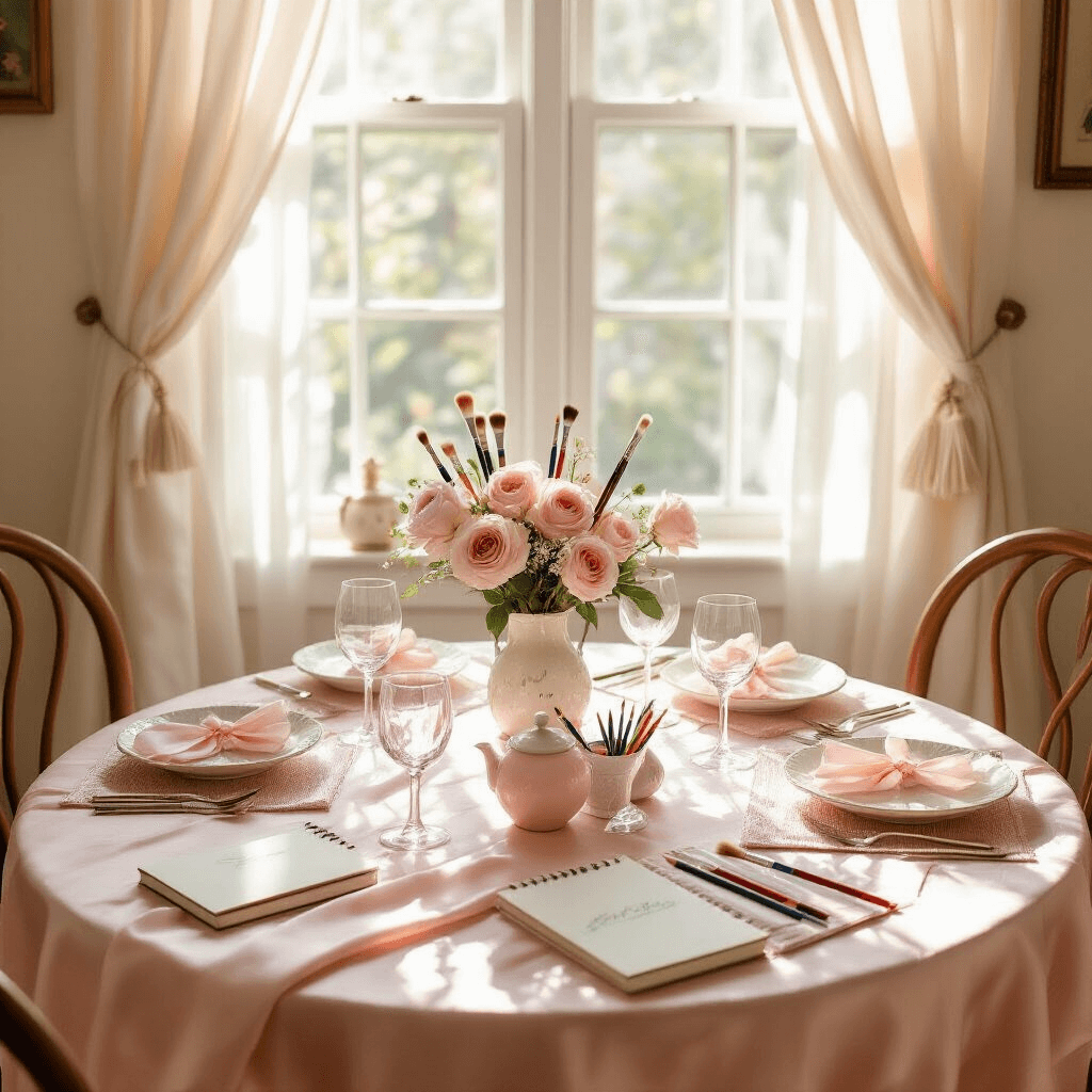 Intimate dining nook transformed into a balloon drawing masterclass, featuring a round bistro table set with fine art supplies, delicate glassware for brushes, ceramic dishes for colored pencils, and romantic centerpieces of fresh roses and baby's breath, all illuminated by soft morning light filtering through gauze curtains.