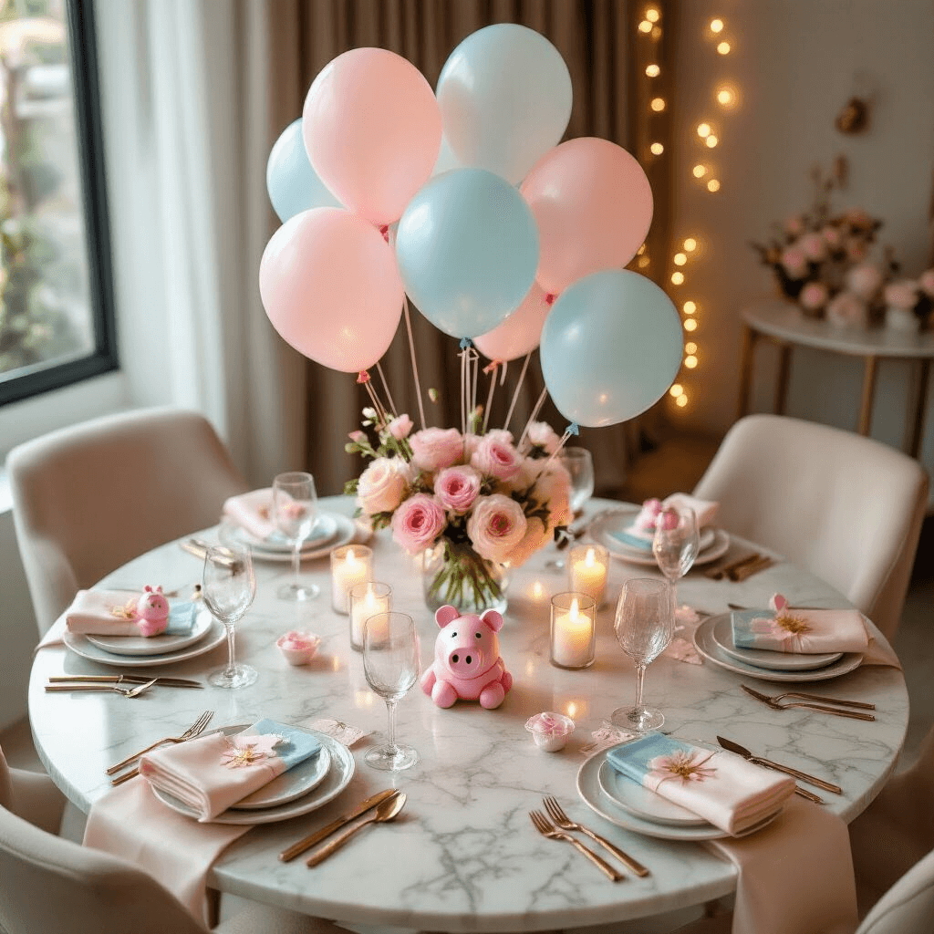 Ultimate Peppa Pig Balloon Party Decor Guide: Creating Magic for Little Ones Overhead view of a modern apartment dining space elegantly decorated for a Peppa Pig party, featuring a round marble table with pastel balloons, fine glassware, silk linens, and fairy lights, all in a blush pink, soft blue, and ivory color scheme.