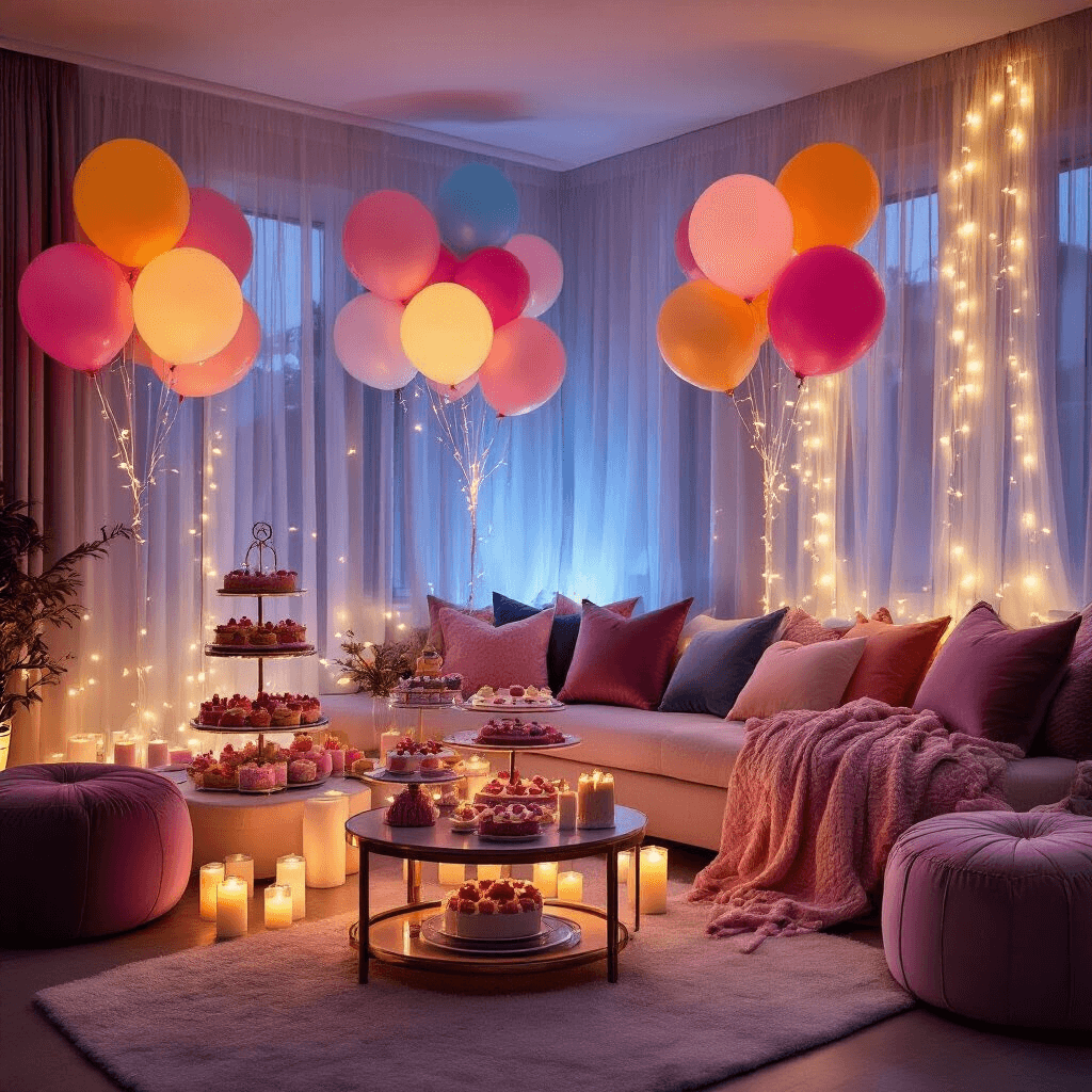 Ultimate Peppa Pig Balloon Party Decor Guide: Creating Magic for Little Ones An elegantly styled living room transformed for a Peppa Pig party, featuring fairy lights, colorful balloons, a dessert cart with themed treats, and luxurious textiles in soft pastels, all under moody evening lighting.