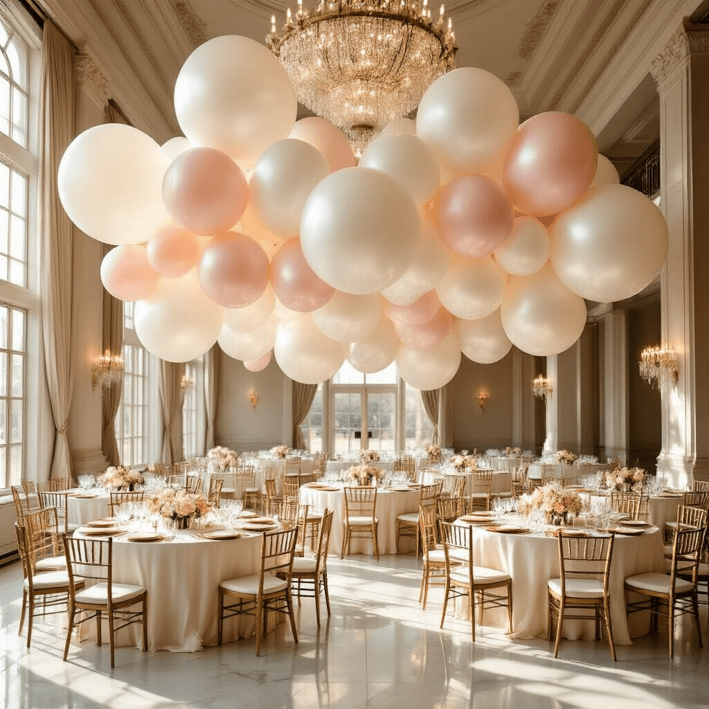 Big Balloons: The Ultimate Guide to Making Your Event Pop! Wide-angle view of an elegant ballroom featuring large pearl white and blush pink latex balloons floating above round tables, illuminated by golden hour sunlight streaming through tall windows, with crystal chandeliers and marble floors enhancing the luxurious ambiance.