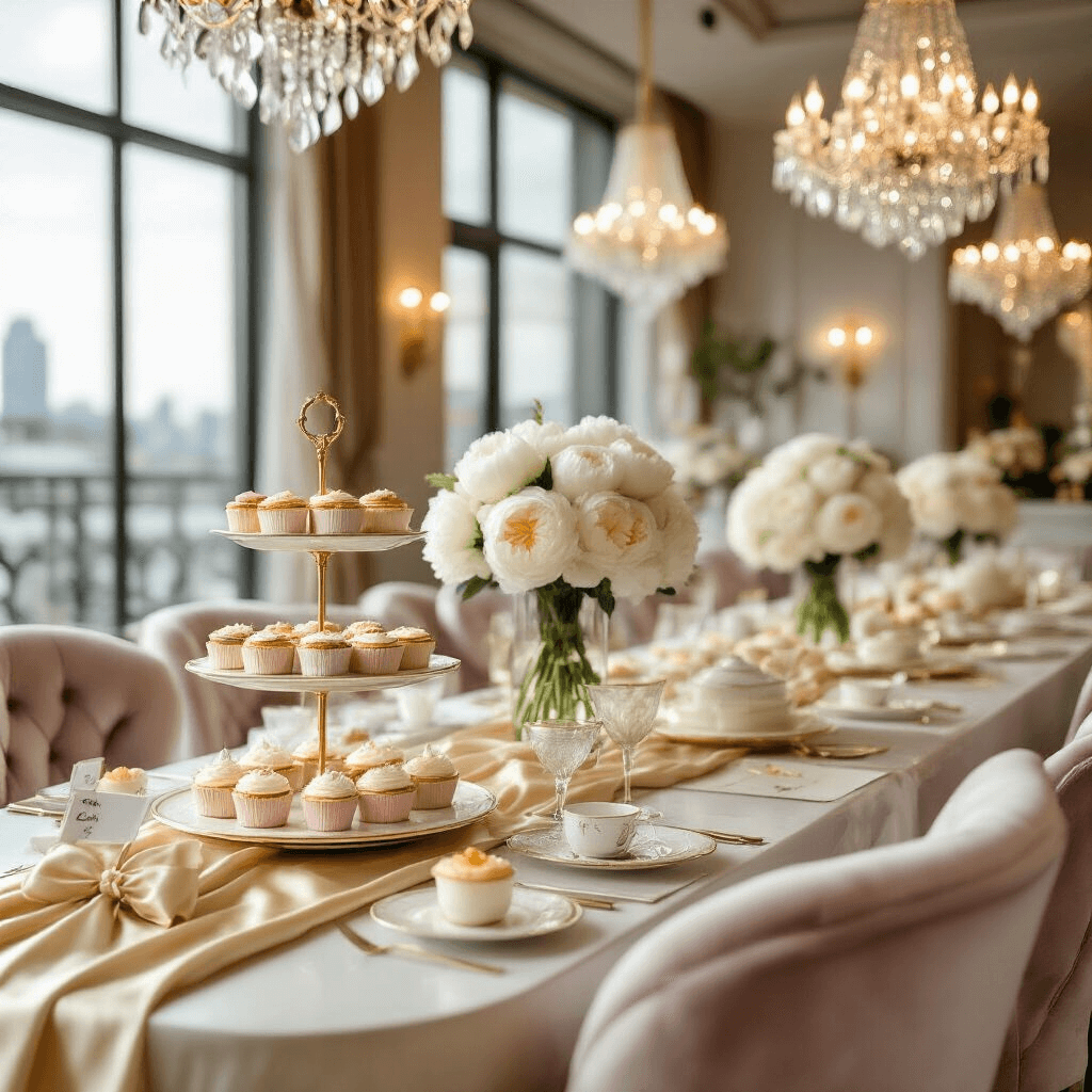 Magical Toddler Tea Party Birthday: The Ultimate Guide to Creating Unforgettable Memories Elegant tea party venue in a modern apartment, featuring a sleek dining area with gold and ivory accents, silk table runners, fresh white peonies, a tiered dessert cart with mini sandwiches and pastel cupcakes, velvet chairs with tulle bows, crystal chandeliers, and personalized place cards, all capturing a blend of adult sophistication and child-friendly charm.