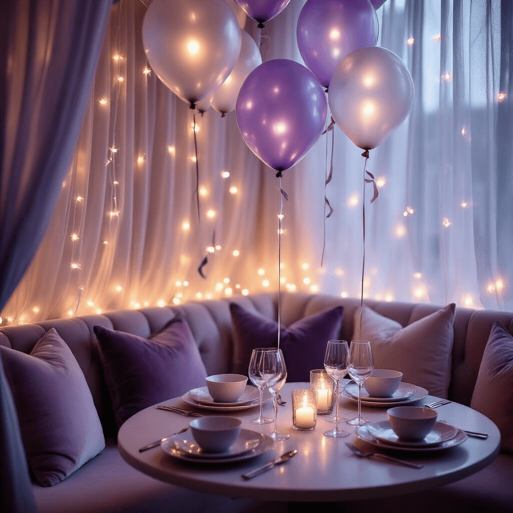 Big Balloons: The Ultimate Guide to Making Your Event Pop! Close-up of an intimate dining nook adorned with lavender and silver translucent balloons filled with fairy lights, velvet cushions, and ceramic place settings, all softly illuminated by candlelight against a backdrop of sheer drapery, creating a romantic atmosphere.
