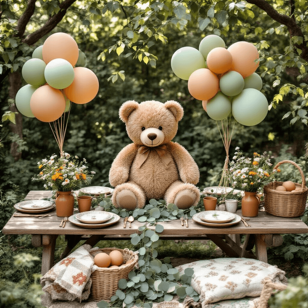 Bear with Balloons: The Ultimate Guide to Whimsical Event Decor Overhead view of a charming garden party setup featuring a medium teddy bear among terracotta and sage green balloons, rustic wooden picnic tables with ceramic dishware and eucalyptus garlands, mason jar wildflower centerpieces, vintage quilts, and wicker baskets, all illuminated by soft morning light.